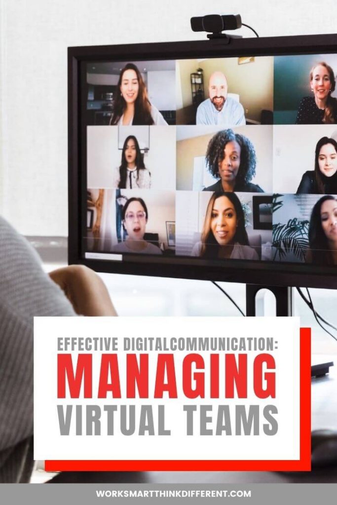 Effective Digital Communication: Managing Virtual Teams overlaying image of computer showing a virtual meeting