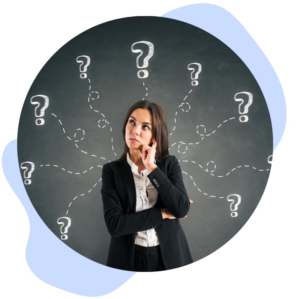 woman in suit with question marks around her